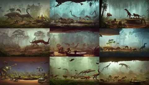 Terrarium of Jurassic Animals on a Wooden Table