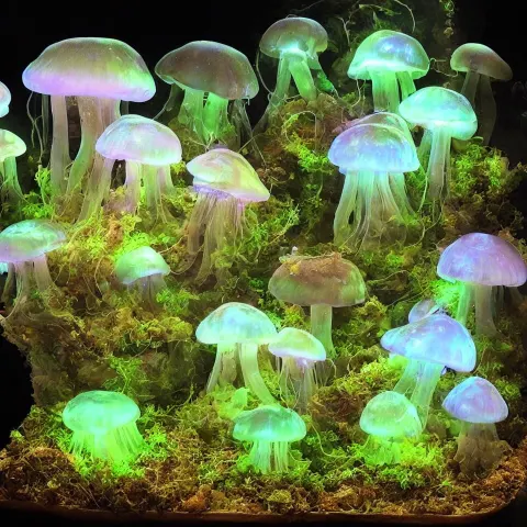 Terrarium of Bioluminescent Jellyfish Like Mushrooms with Veins