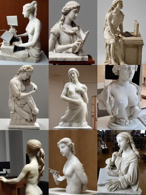Renaissance Marble Sculpture of One Clothed Girl Typing in Front of a Desktop Pc