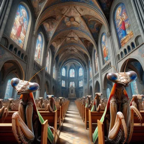 Praying Mantises in Majestic Church Pews