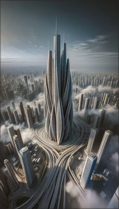 Hyperboloid Skyscraper Surrounded by Cityscape