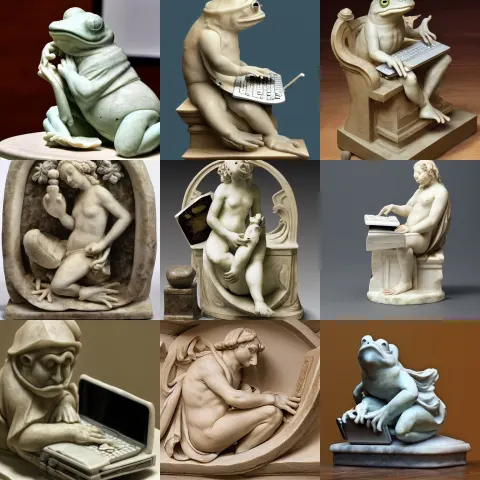 Renaissance Marble Sculpture of One Frog Typing on a Laptop
