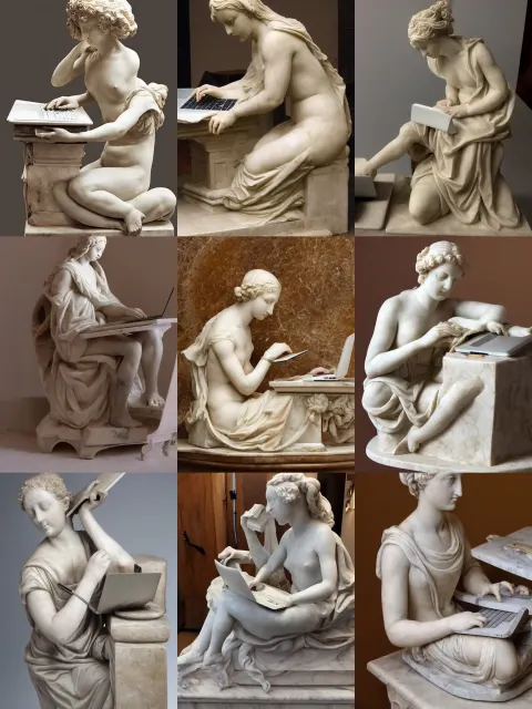 Renaissance Marble Sculpture of One Clothed Girl Working Hard Typing on a Laptop