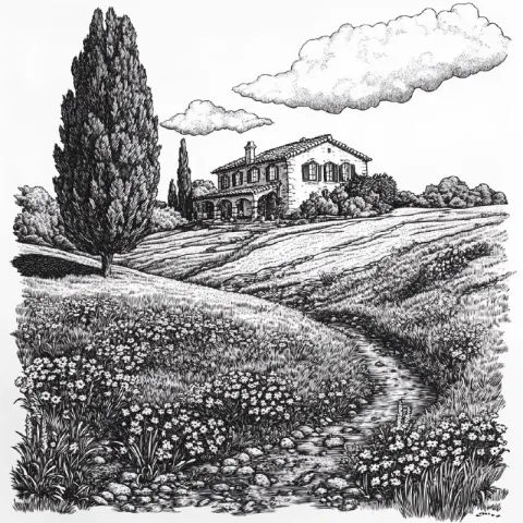 Italian Villa with Texas Cypress Tree