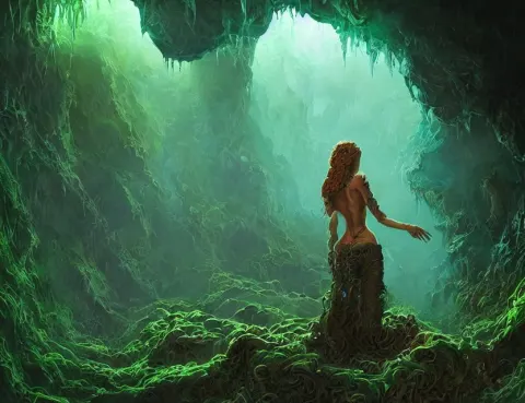 Woman in a Lovecraftian Eldritch Cave with Crystals and Lush Vegetation