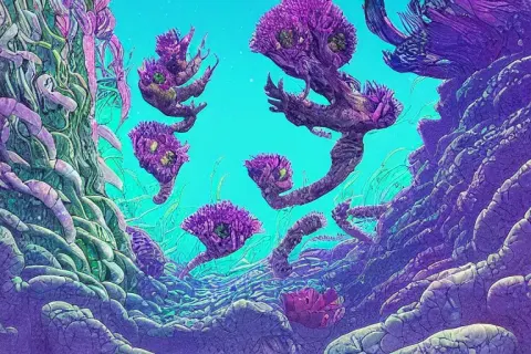 Alien Flowers in a Bright Underwater Crystal Cave in the Style of Moebius