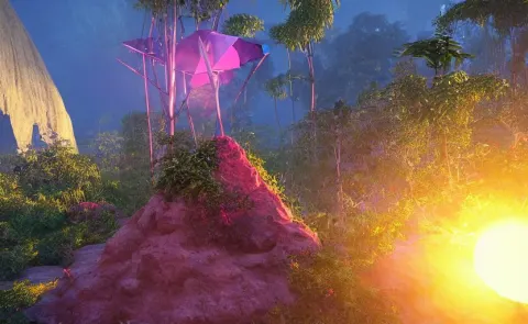 Crystal Tetrahedron in the Middle of Ancient Ruins in a Lush Prehistoric Jungle
