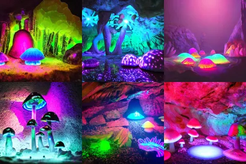 Dark Cave Iridescent Mushrooms