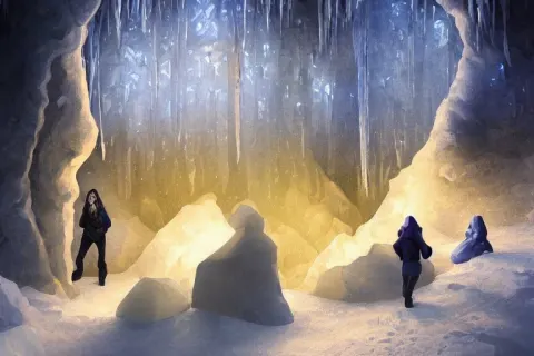 Three People Exploring an Open Mysterious Underground Wintry Crystalline Glowing Dimly