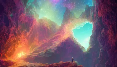 Highly Detailed Digital Art Painting of a Crystalline Crystal Sparkling Cave at Night