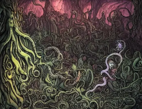 Adventurer in a Lovecraftian Eldritch Cave with Crystals and Plants