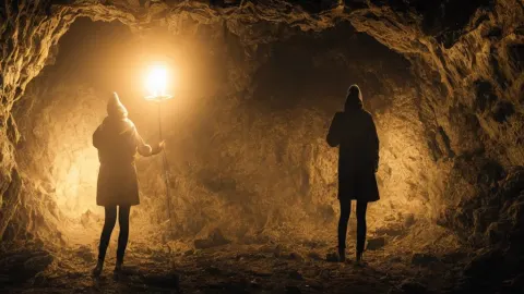 Woman's in a Clear Hooded Rain Jacket Holding a Lantern Standing in a Dark Crystal Cave