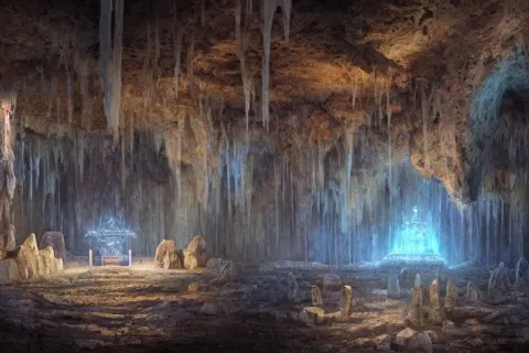 Beautiful Digital Painting of an Ancient Sanctuary in a Large and Luminous Crystal Cave