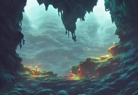 Dark Cave with Crystals and Moss on the Walls
