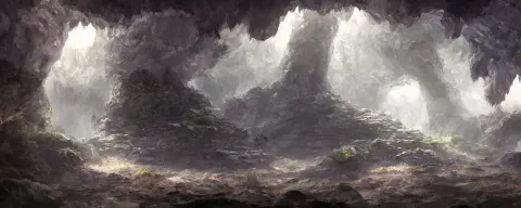 Concept Art of an Ancient Fantasy Cave with Huge Crystals