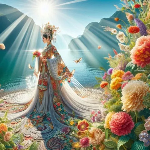 Traditional Chinese Woman by Lakeside Flowers