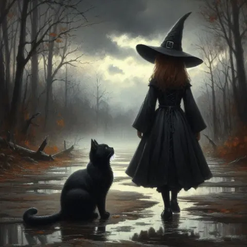 Young Witch in Foggy Swamp Landscape