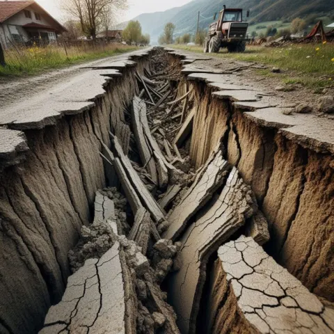 Country Road Earthquake Fissures Close-Up