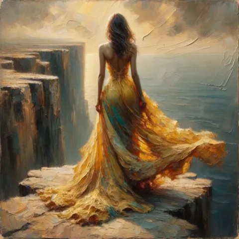 Woman in Yellow Dress on Cliff
