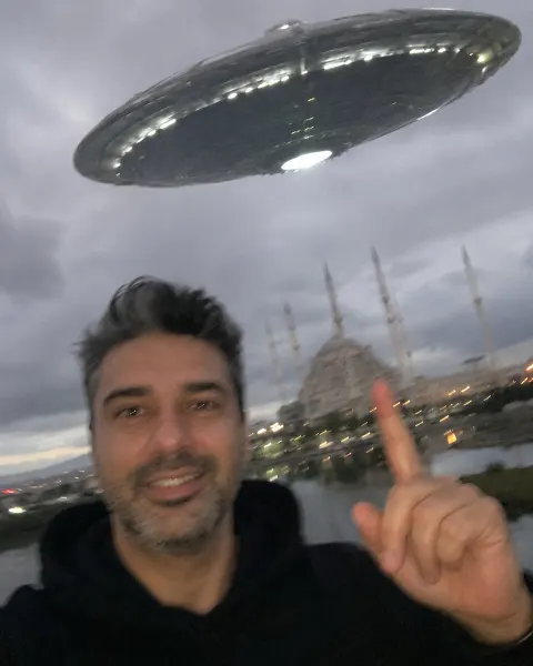 Selfie Look-Up Hand Pointing Portrait
