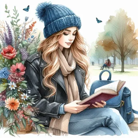 Woman Reading in Floral Park Scene