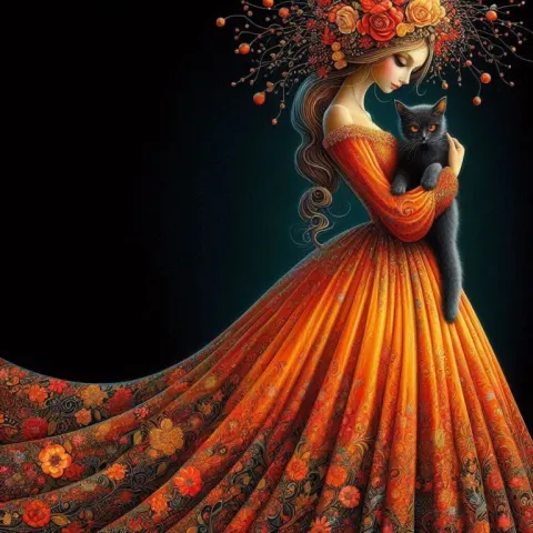 Whimsical Woman Holding Black Cat