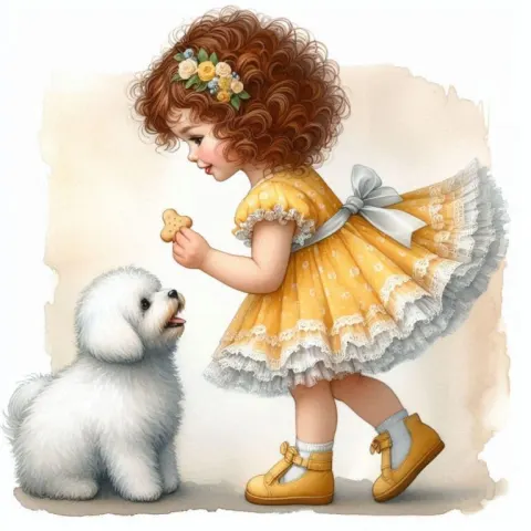 Happy Girl Feeding Biscuit to Bichon