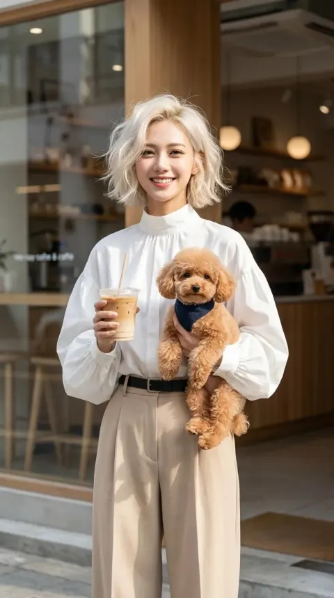 Stylish Woman Outside Cozy Café Portrait