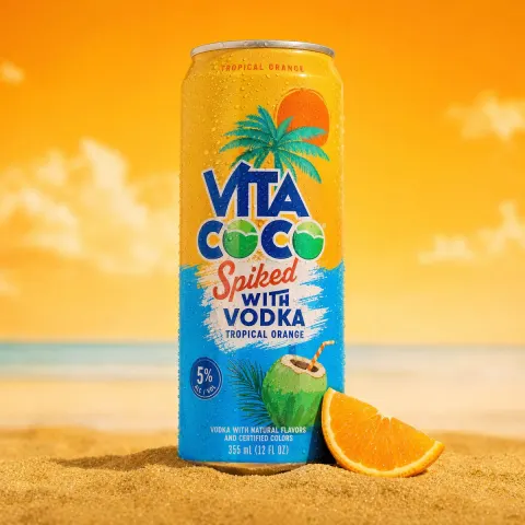 A professional product photography shot of a cold sparkling water