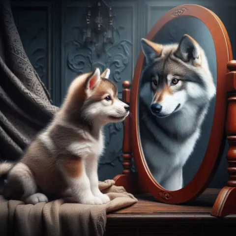 Puppy Seeing Wolf Reflection in Mirror
