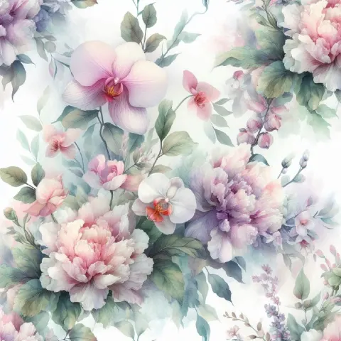 Watercolor Peonies and Orchids Seamless Pattern
