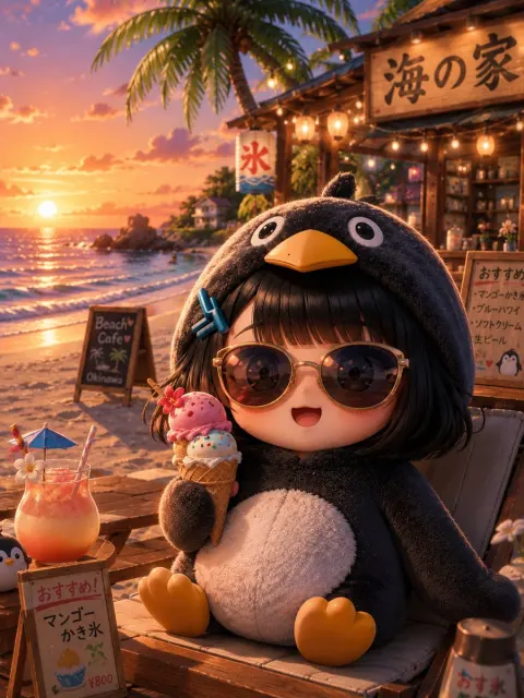 Chibi Penguin Hoodie Beach Sunset