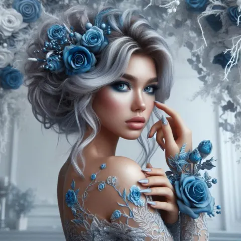 Woman with Blue Roses Under Lace Arch