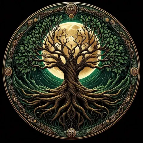 Yggdrasil Tree Circular Design with Moon