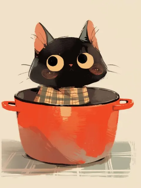 Cute Cat in Soup Pot Illustration