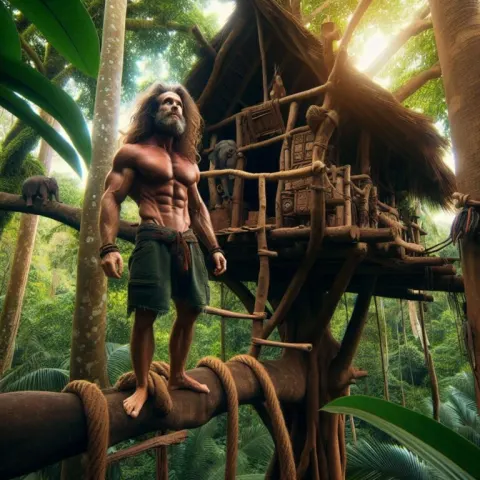Primitive Treehouse with Tarzan in Jungle