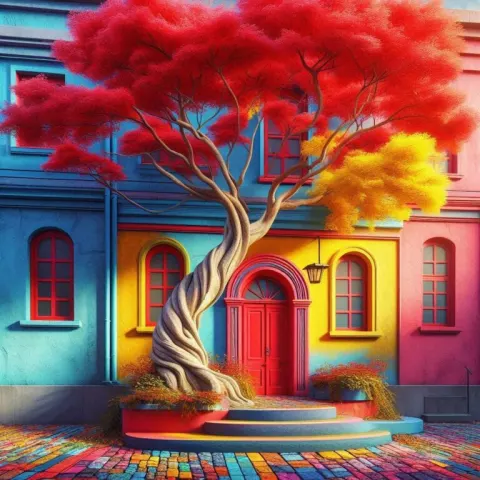 Vibrant Tree by Colorful Building