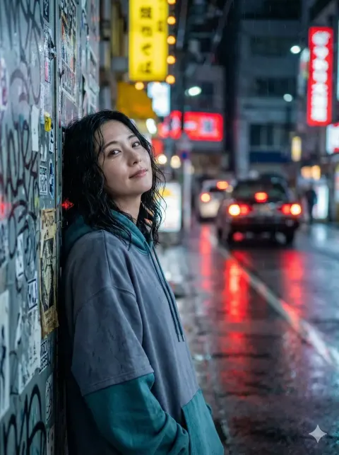 Neon City Rain Portrait