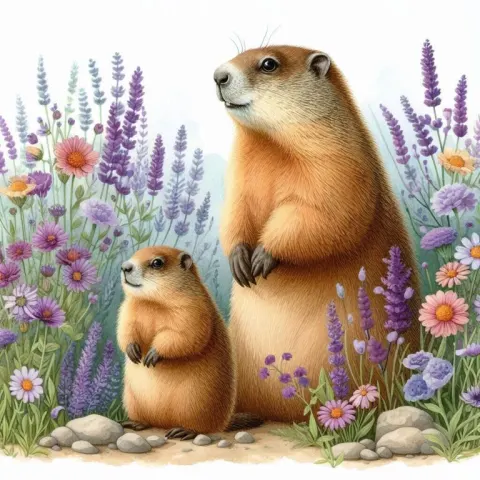 Whimsical Groundhogs in Flower Field