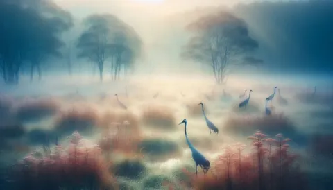 Ethereal Cranes in Dreamy Meadow