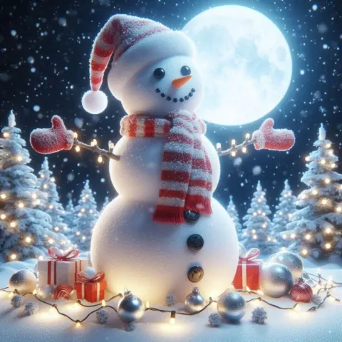 Realistic Snowman with Snow Arms and Christmas Lights