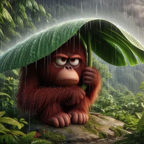 Grumpy Orangutan Under Jungle Leaf