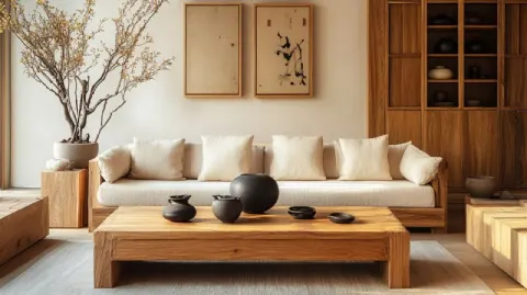 Panoramic Wabi-Sabi Solid Wood Living Room