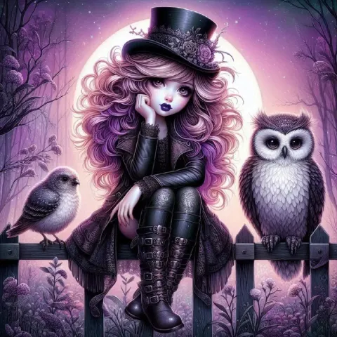 Whimsical Gothic Girl with Owl Companion