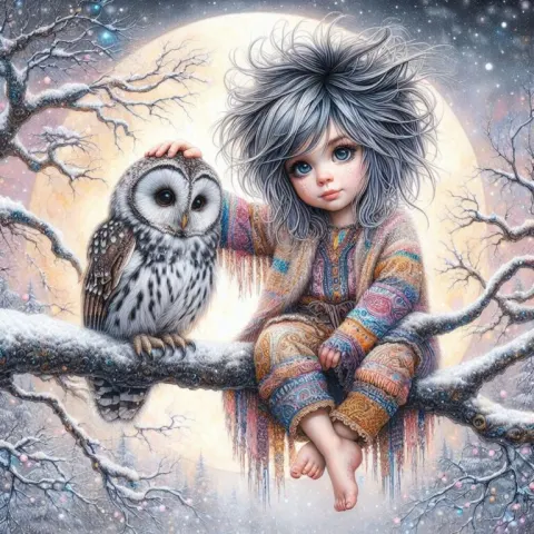 Girl with Owl in Moonlit Winter Wonderland