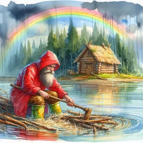 Rainbow Over Cabin with Chopping Wood