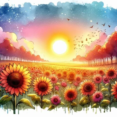 Cartoon Sunrise Over Sunflower Field