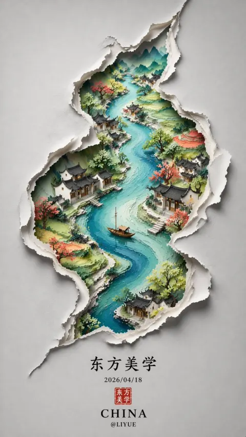 Ink Wash Oriental Landscape Scroll Inside a Crack