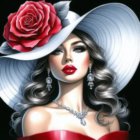 Watercolor Airbrush Painting Woman White Hat