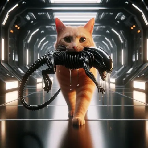 Tabby Cat with Alien in Futuristic Corridor
